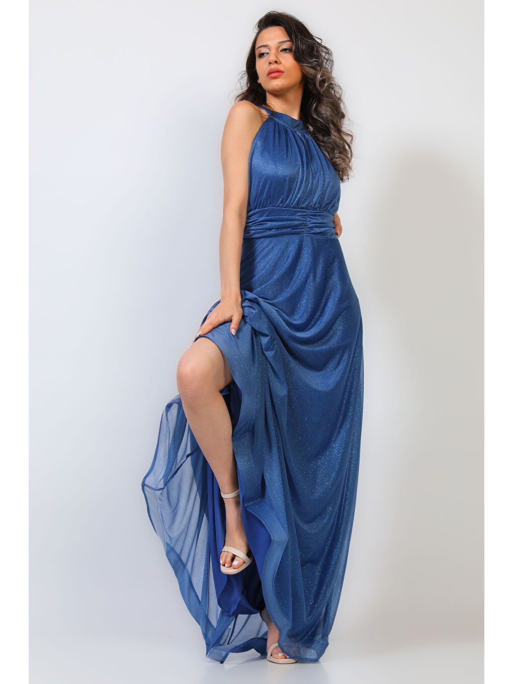 İndigo Kadın Ön Pencere Detaylı Simli Abiye Elbise-3