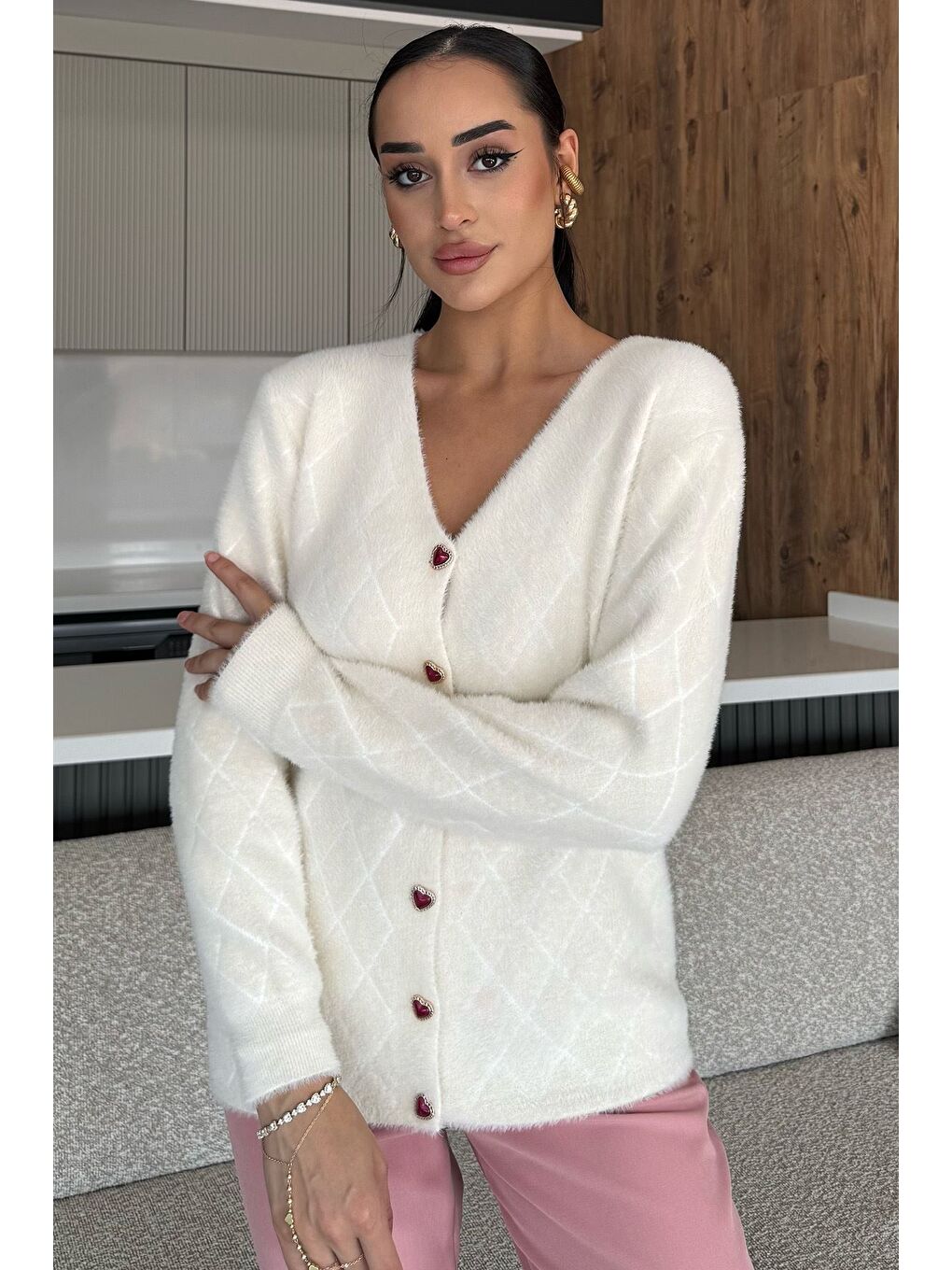 Ekru Kadın Yumoş İplik Sakallı Triko Hırka (s-m-l-xl Uyumludur)