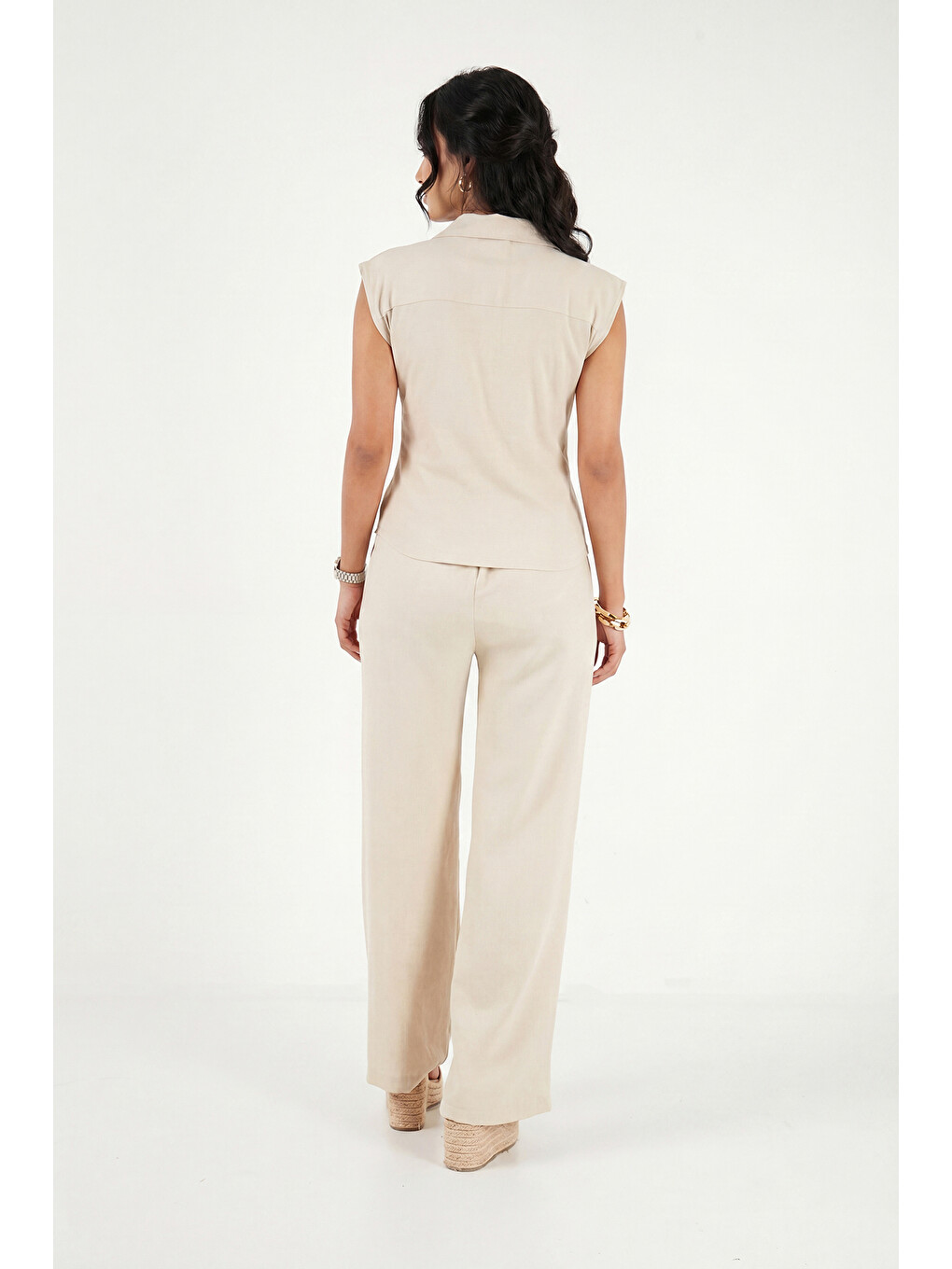 Bej Regular Fit Bağlama Detaylı Kolsuz Takım 5866787-6
