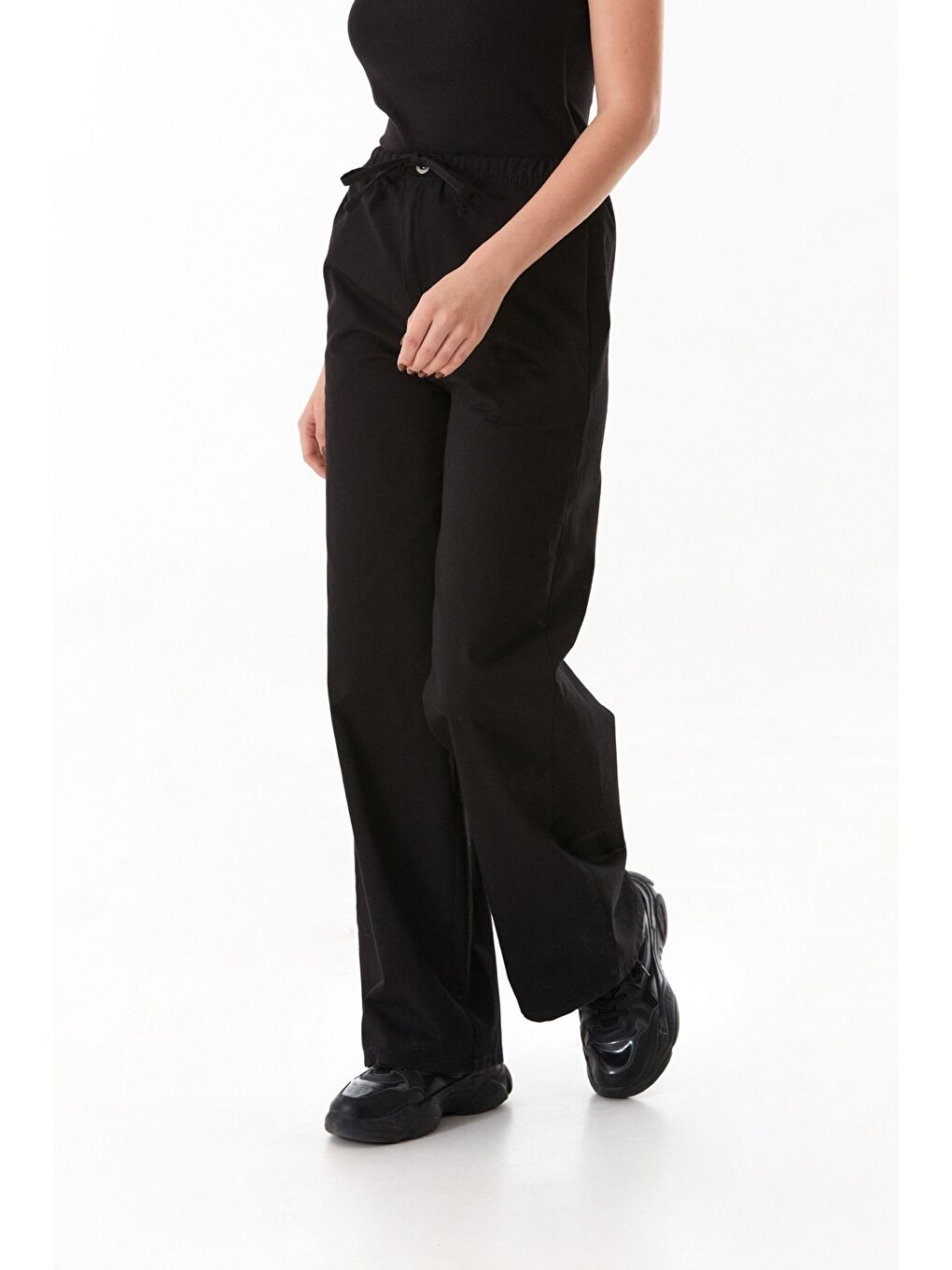 Siyah Beli Lastikli Cepli Gabardin Palazzo Pantolon-1