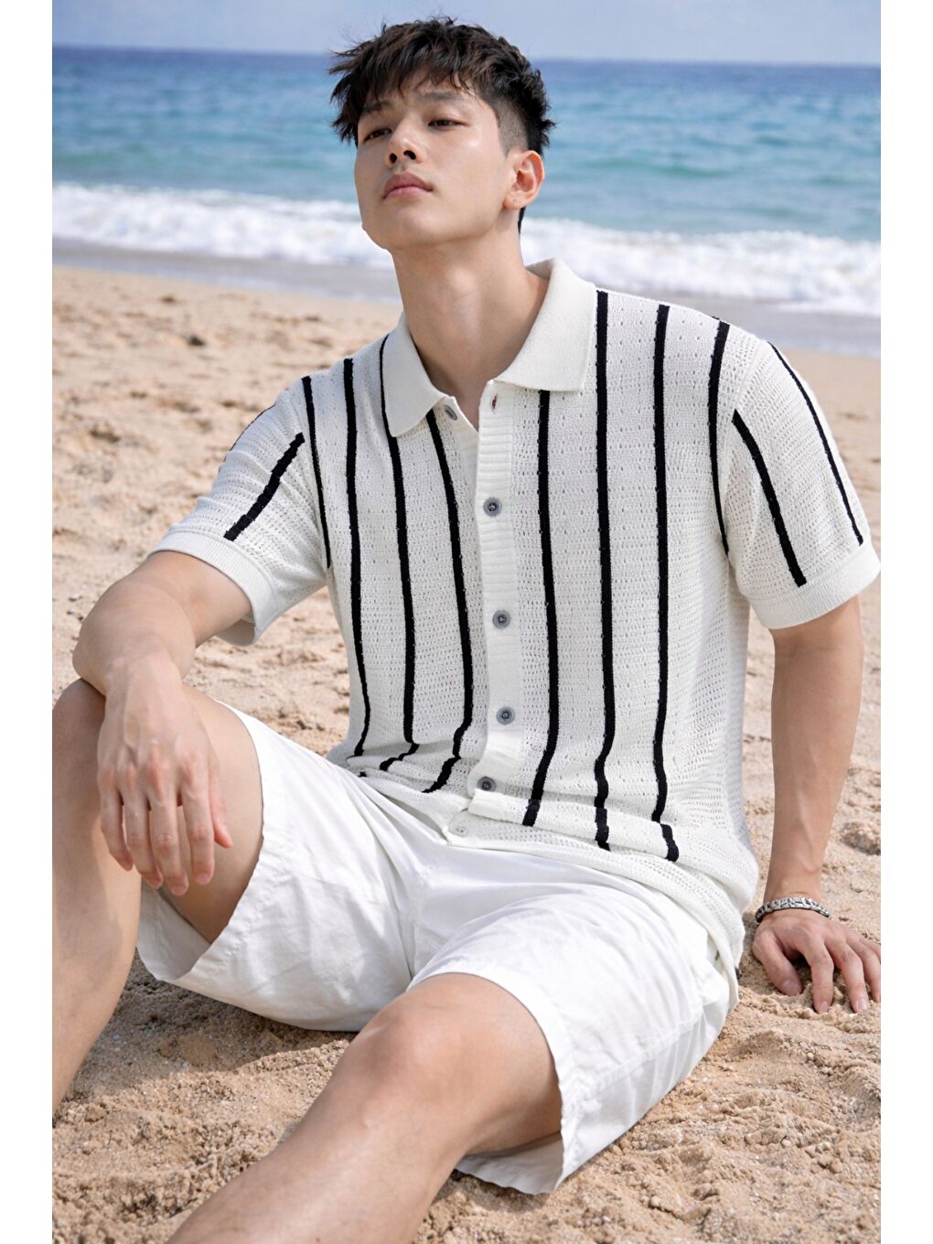 Beyaz Çizgili Erkek Triko Gömlek Yaka Hırka Yazlık Rahat Kesim-1