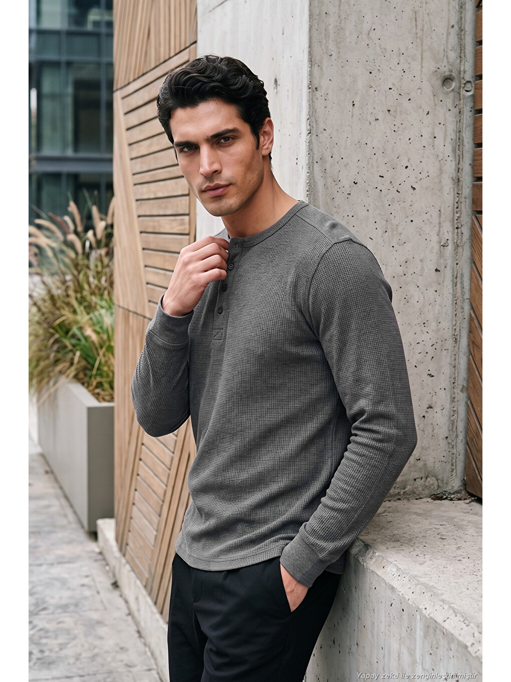 Antrasit Pamuklu Regular Fit Düğmeli Bisiklet Yaka Sweat 5905852