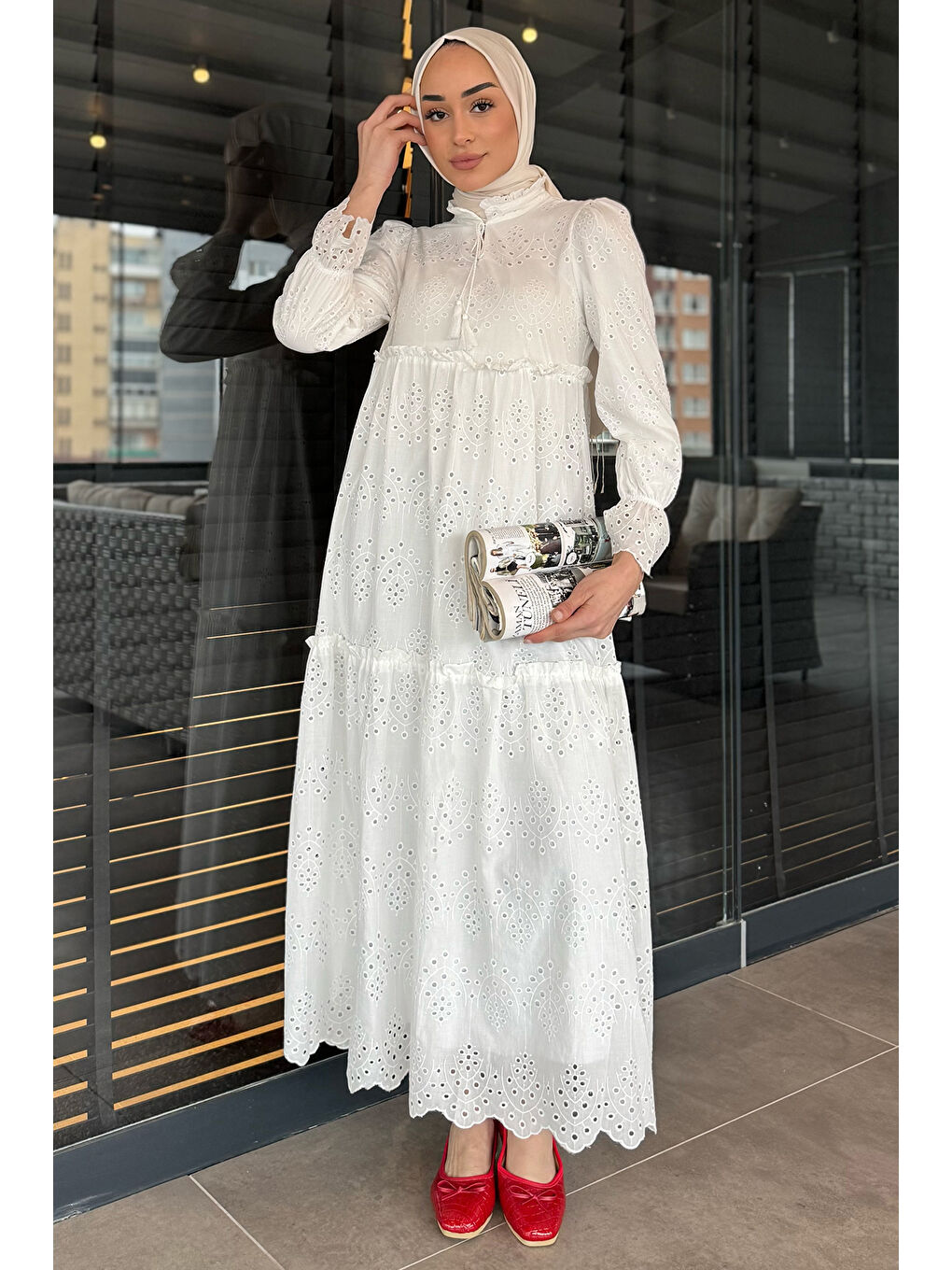 Ekru Kadın Ön Bağlamalı Fırfırlı Fistolu Tesettür Elbise-3