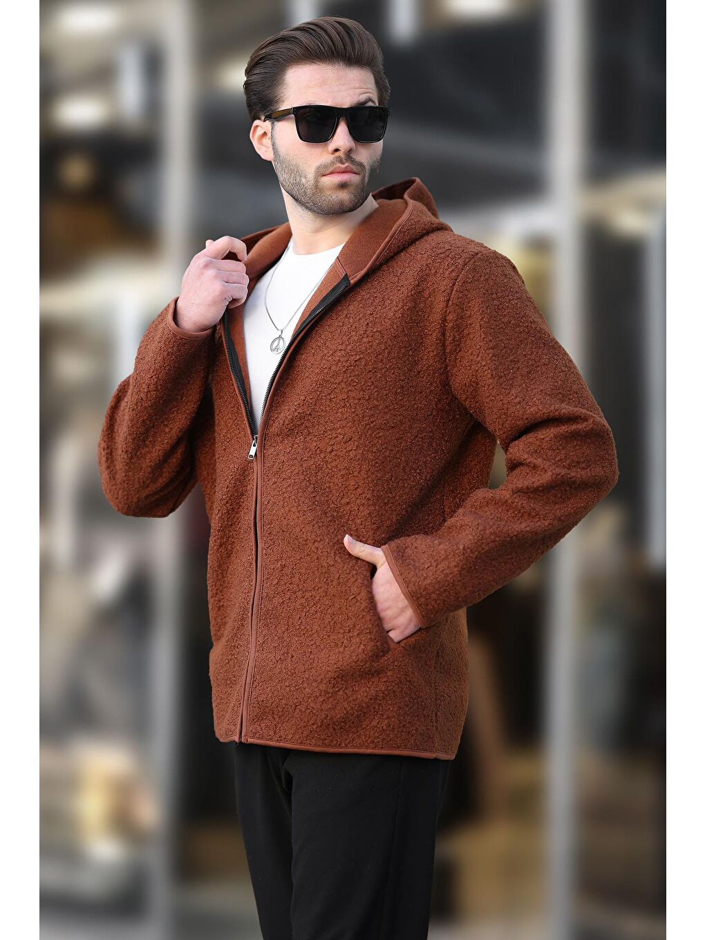 Kahverengi Fermuarlı Pelüş Erkek Hırka E7080-1