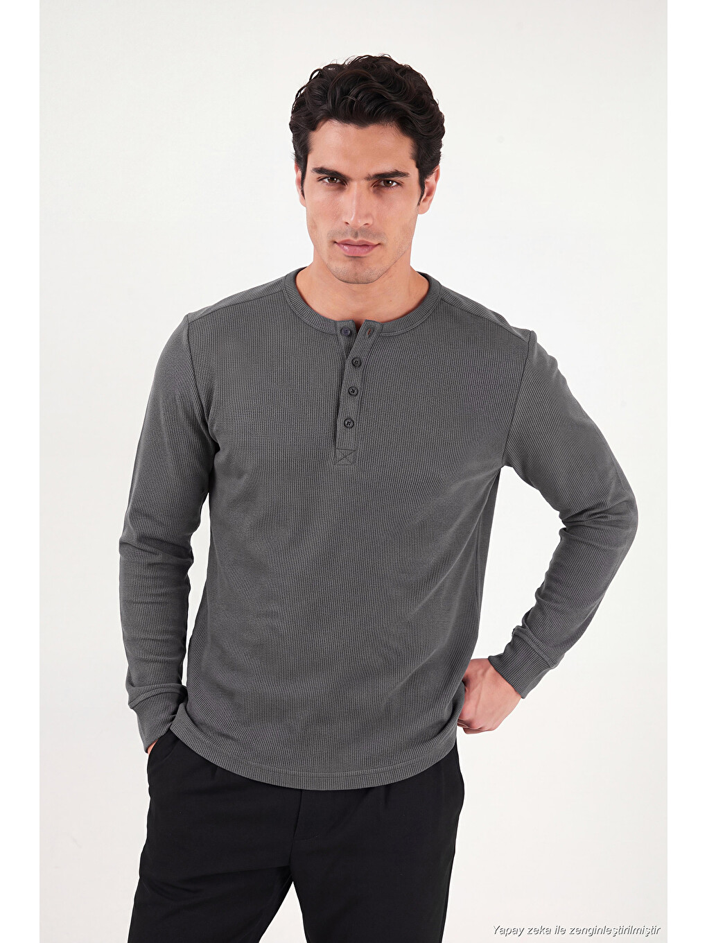 Antrasit Pamuklu Regular Fit Düğmeli Bisiklet Yaka Sweat 5905852-1
