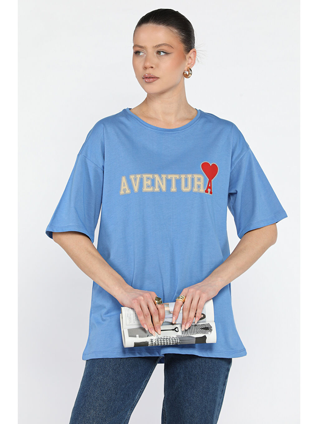 İndigo Ön Yazı Baskılı Bisiklet Yaka Kadın Tişört-1