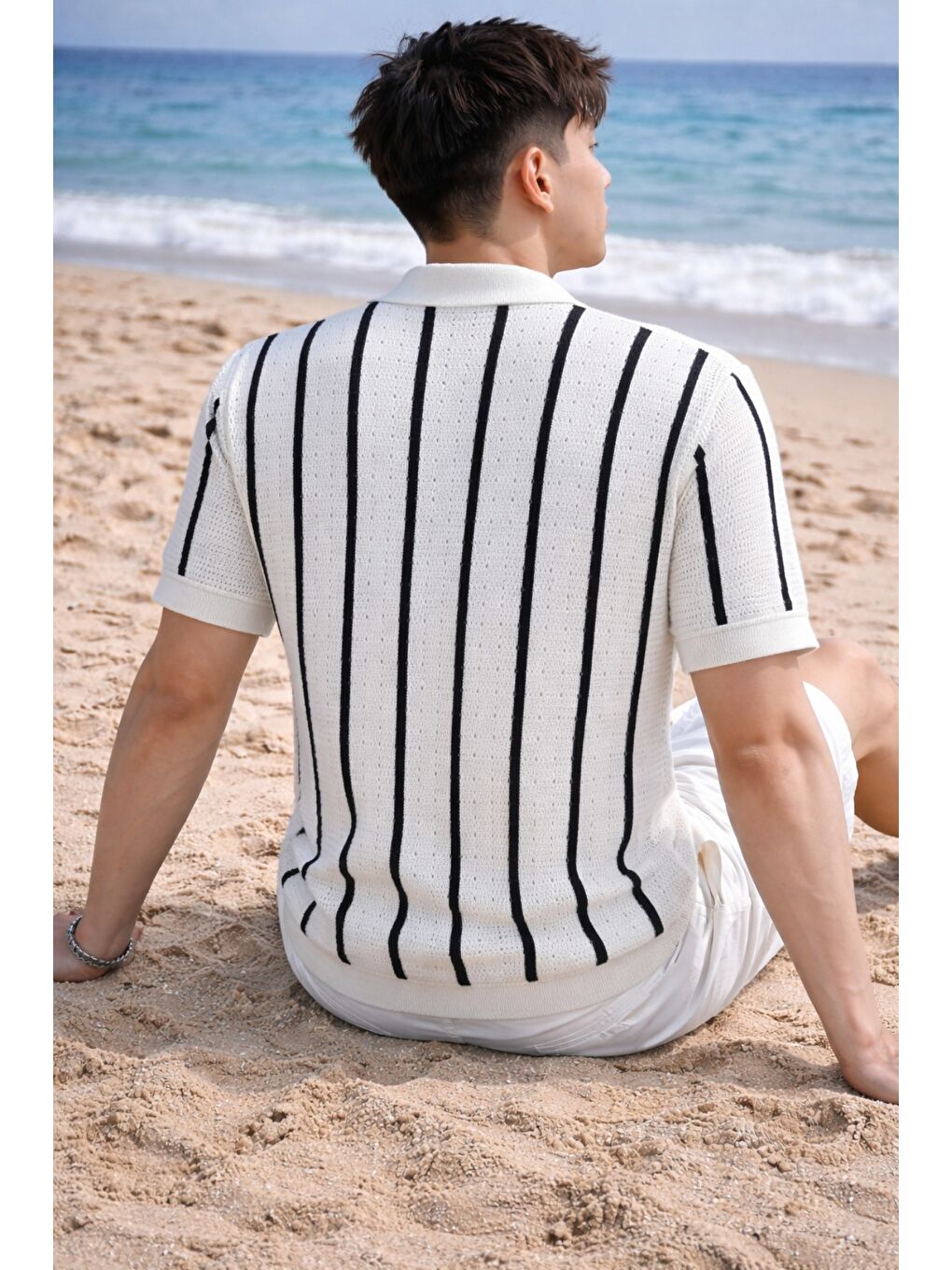 Beyaz Çizgili Erkek Triko Gömlek Yaka Hırka Yazlık Rahat Kesim-2