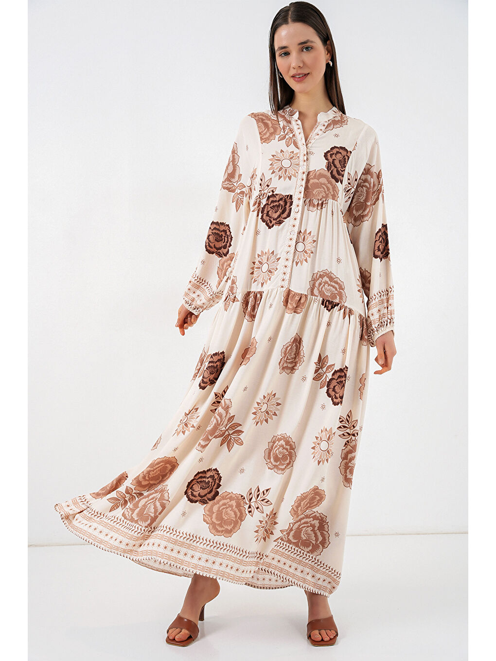 Kadın Desenli Uzun Tesettür Elbise 2585 - A.Bej-3