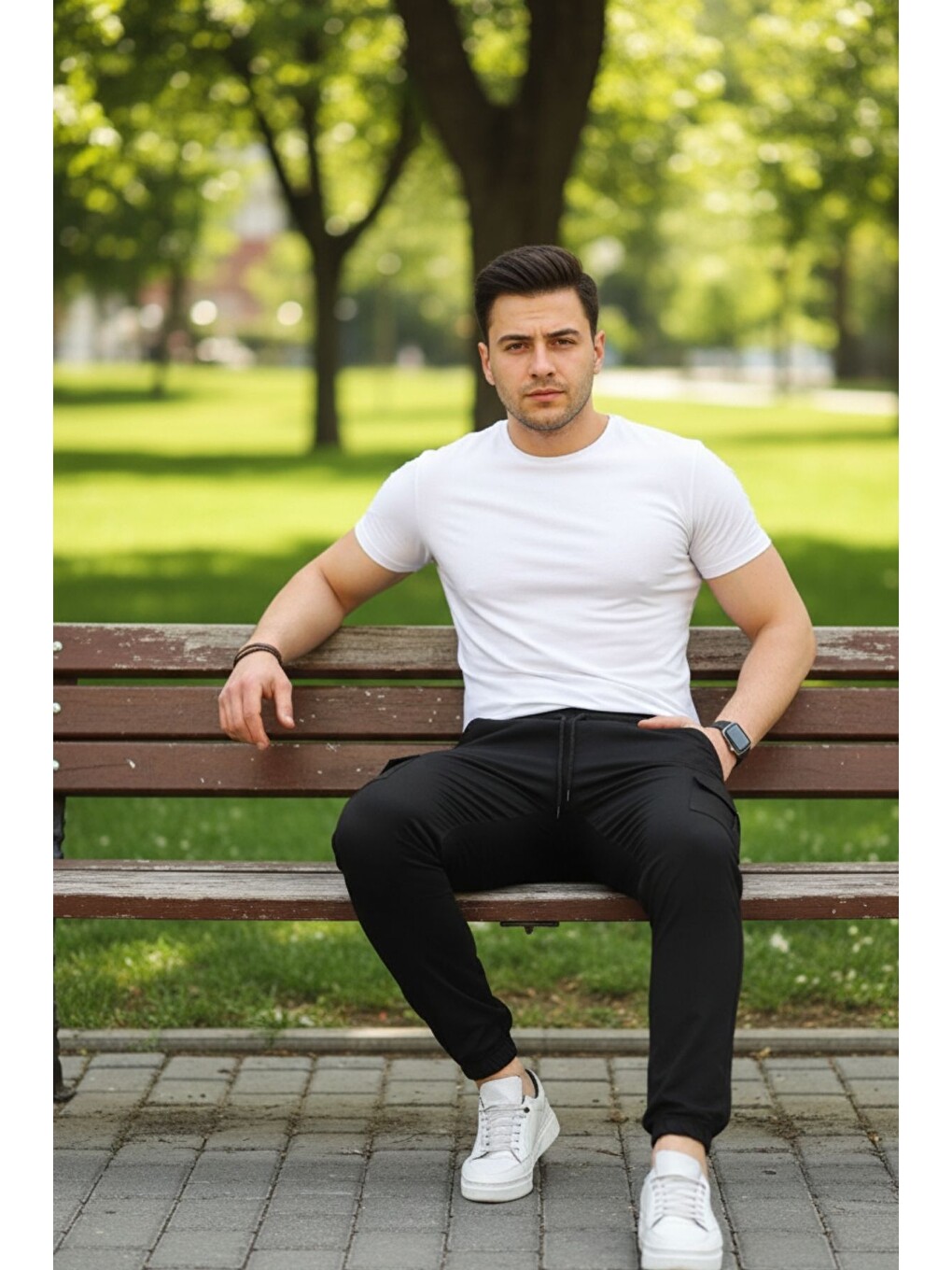 Erkek Beli Paçası Lastikli Esnek Kargo Cep Siyah Jogger Pantolon-4
