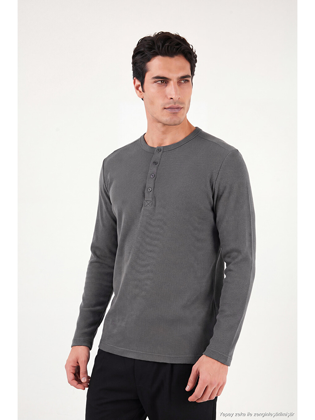 Antrasit Pamuklu Regular Fit Düğmeli Bisiklet Yaka Sweat 5905852-2