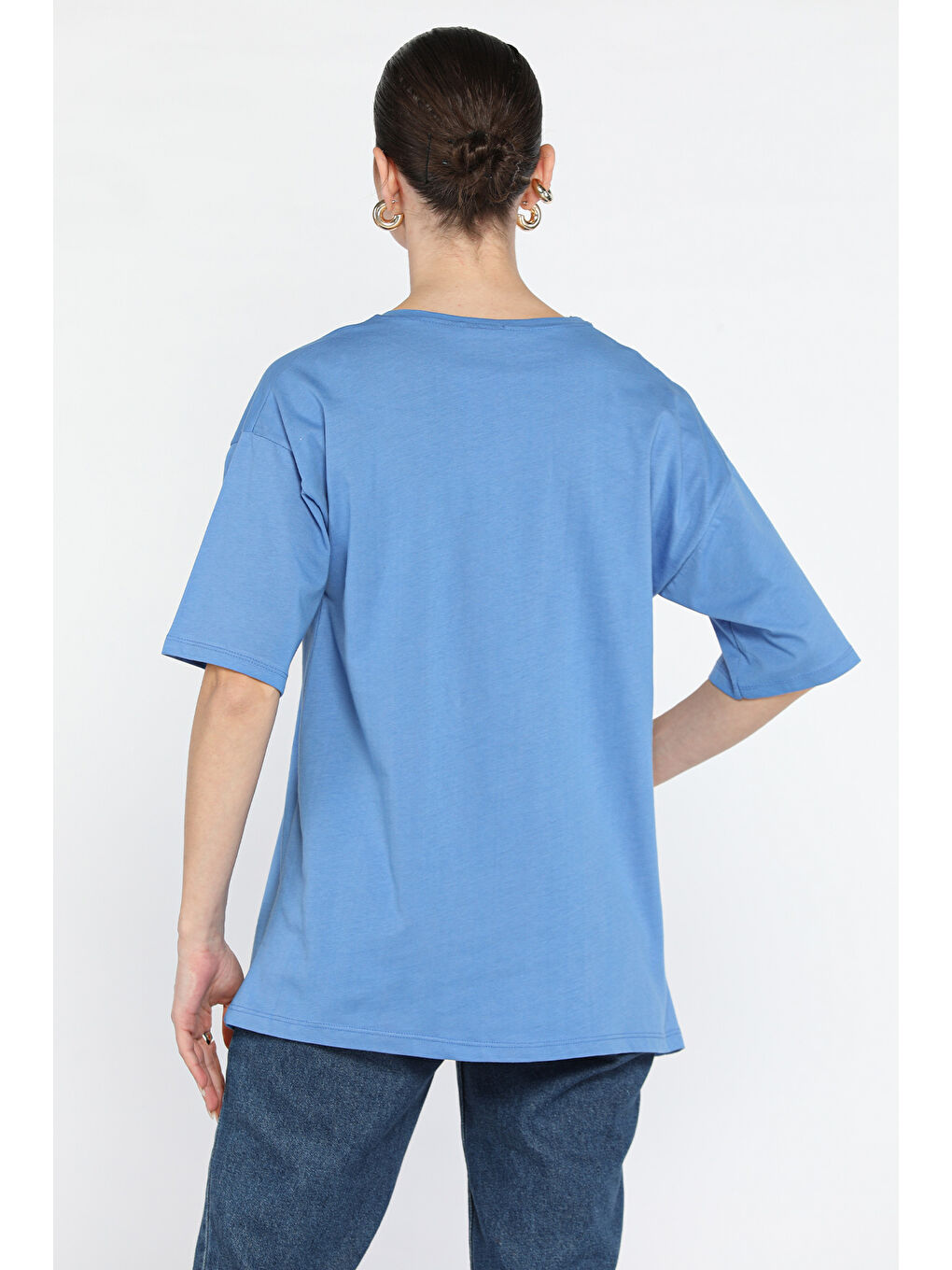 İndigo Ön Yazı Baskılı Bisiklet Yaka Kadın Tişört-2