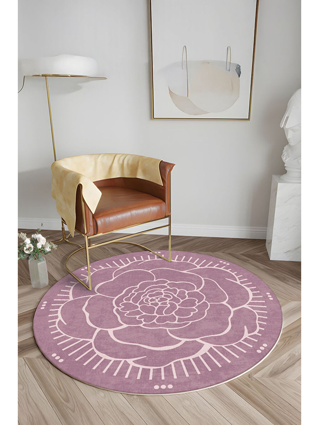 Pembe Dekoratif Salon Halısı, Makinada Yıkanabilir, Kaymaz Taban, İnce & Modern Tasarım-2