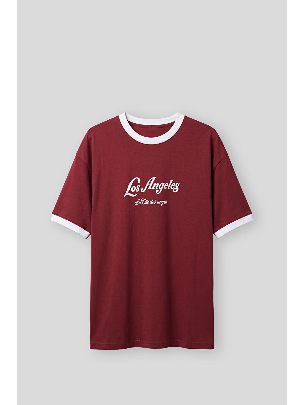 Erkek Süper Oversize La Baskılı Kontrast Yaka T-shirt Bordo