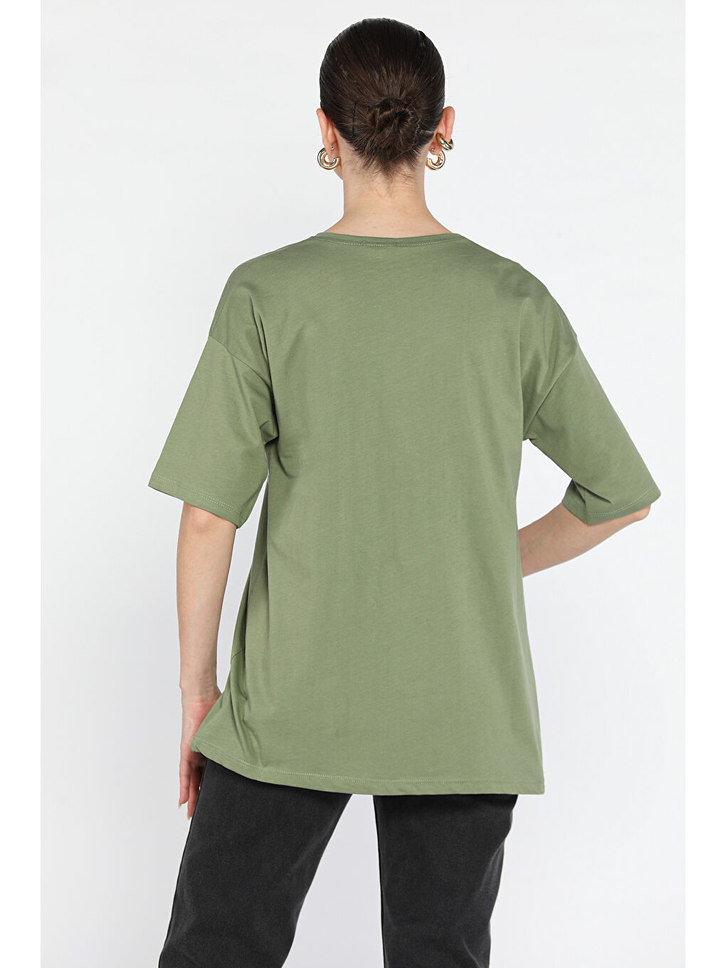 Haki Baskılı Bisiklet Yaka Kadın Tişört-2