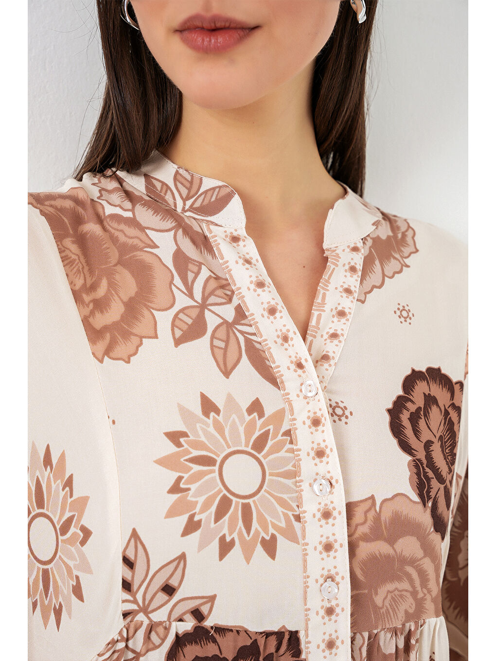 Kadın Desenli Uzun Tesettür Elbise 2585 - A.Bej-4