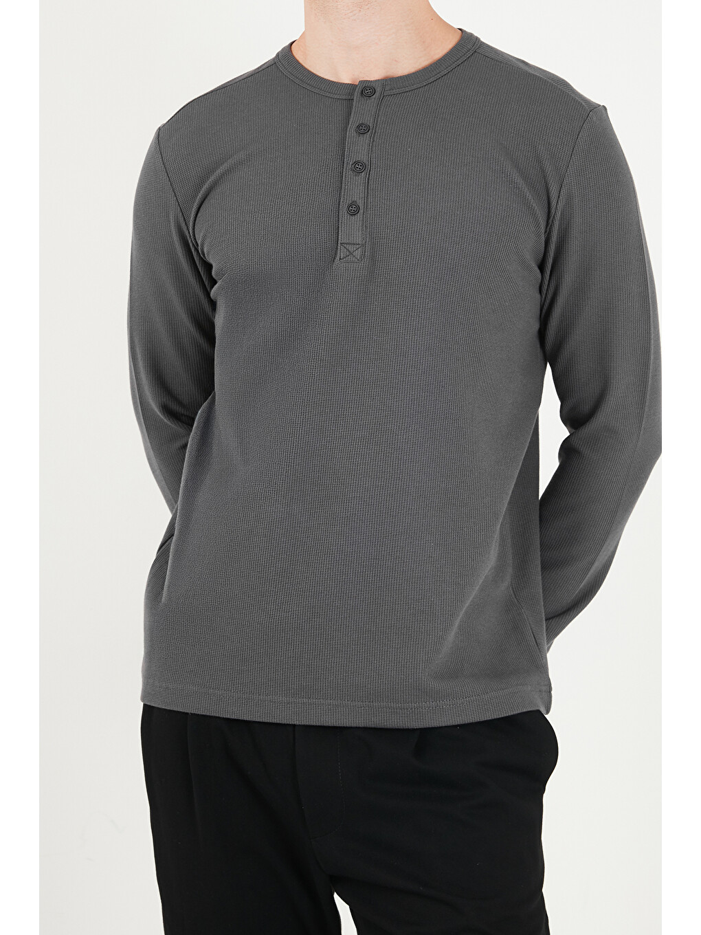 Antrasit Pamuklu Regular Fit Düğmeli Bisiklet Yaka Sweat 5905852-4