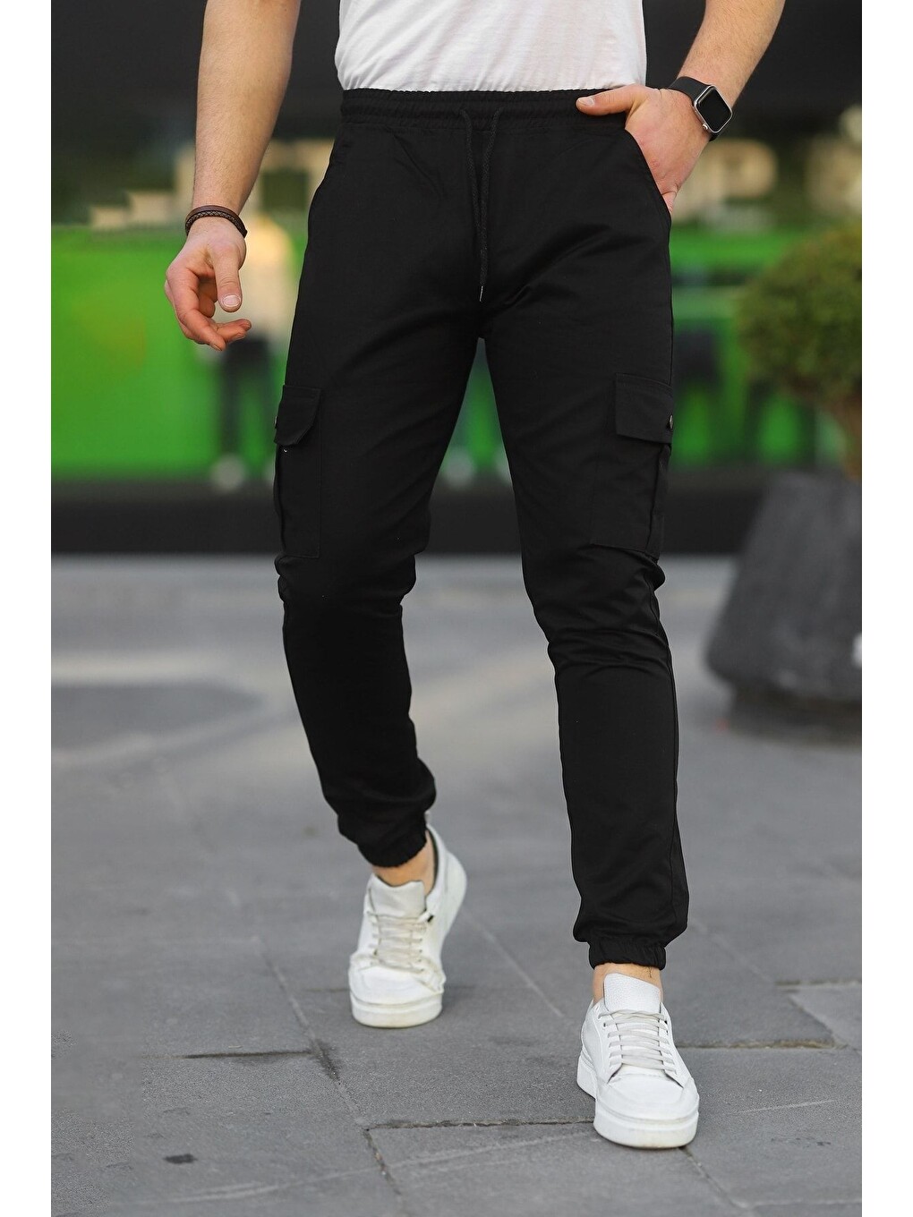 Erkek Beli Paçası Lastikli Esnek Kargo Cep Siyah Jogger Pantolon-5