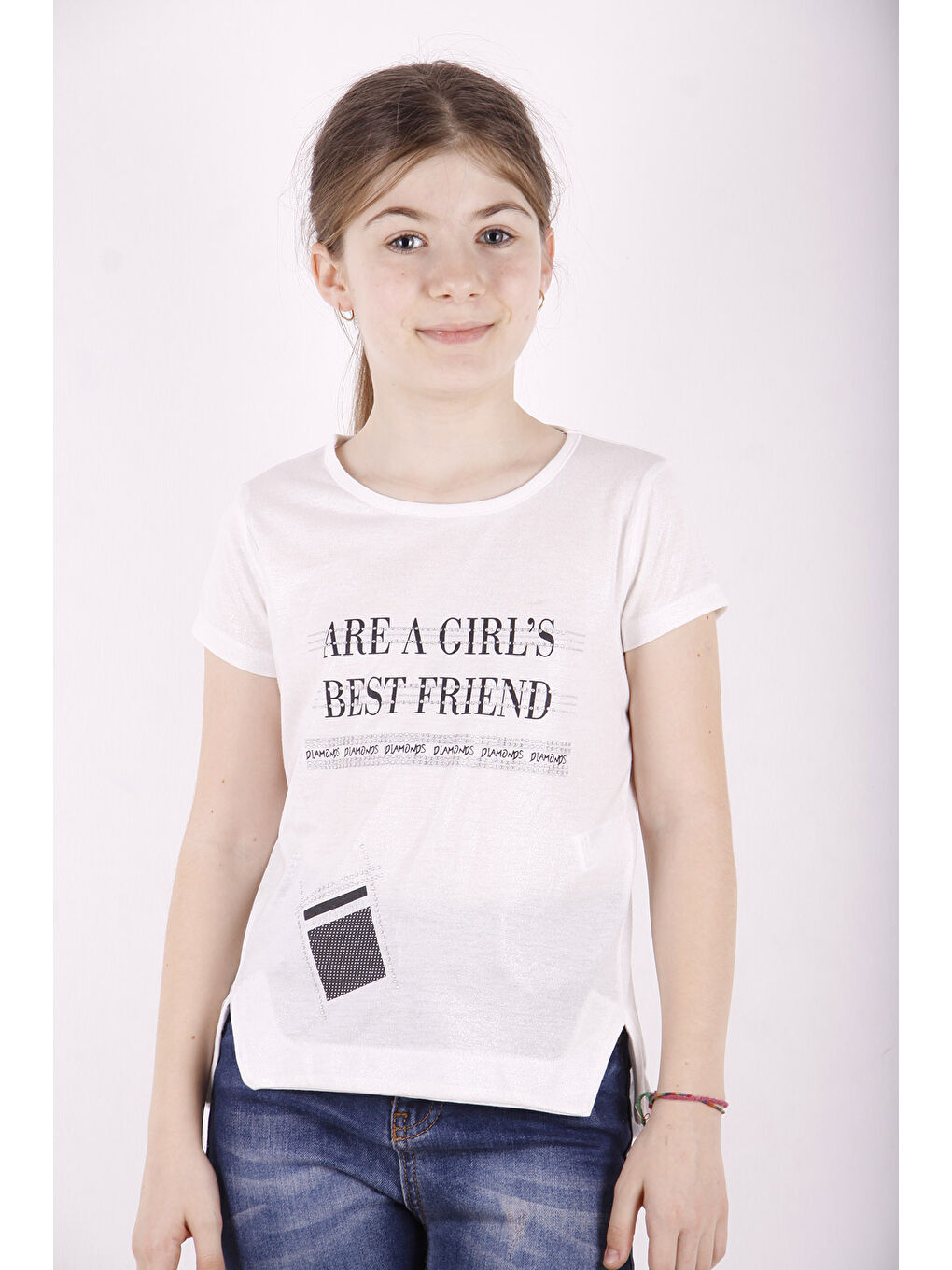 Beyaz Kız Çocuk Best Friend Baskılı Taş Detaylı Tişört