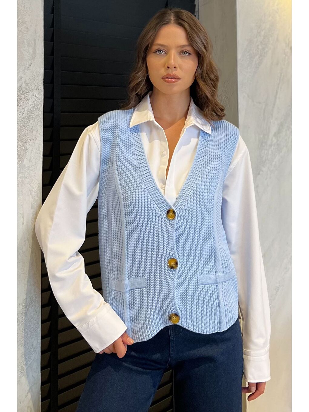 Mavi Kadın Düğmeli Triko Yelek (s-m-l-xl Uyumludur)