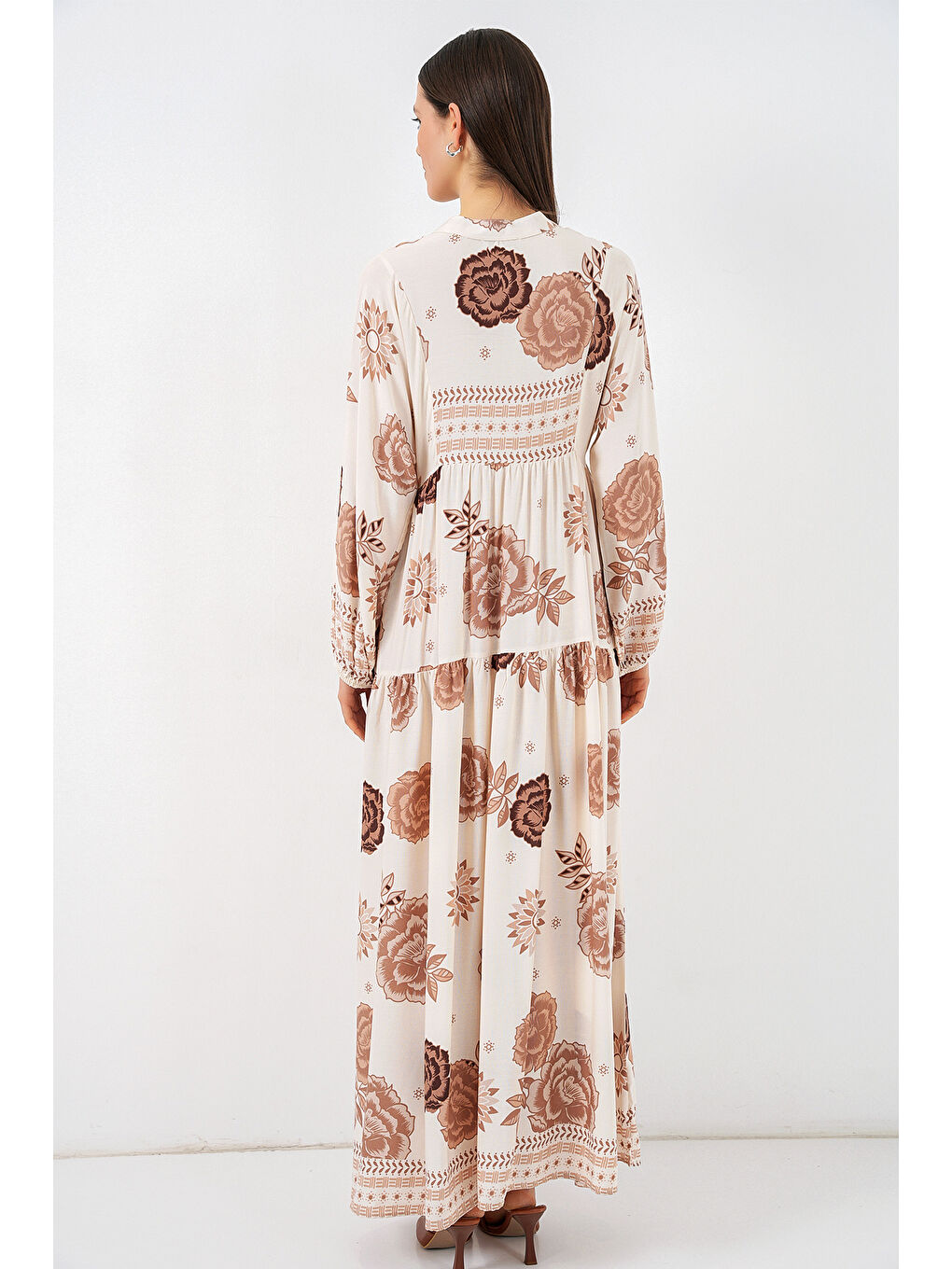 Kadın Desenli Uzun Tesettür Elbise 2585 - A.Bej-5