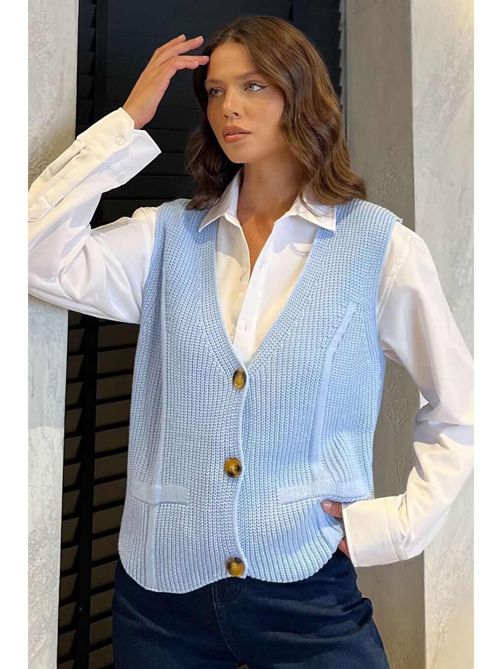 Mavi Kadın Düğmeli Triko Yelek (s-m-l-xl Uyumludur)-1