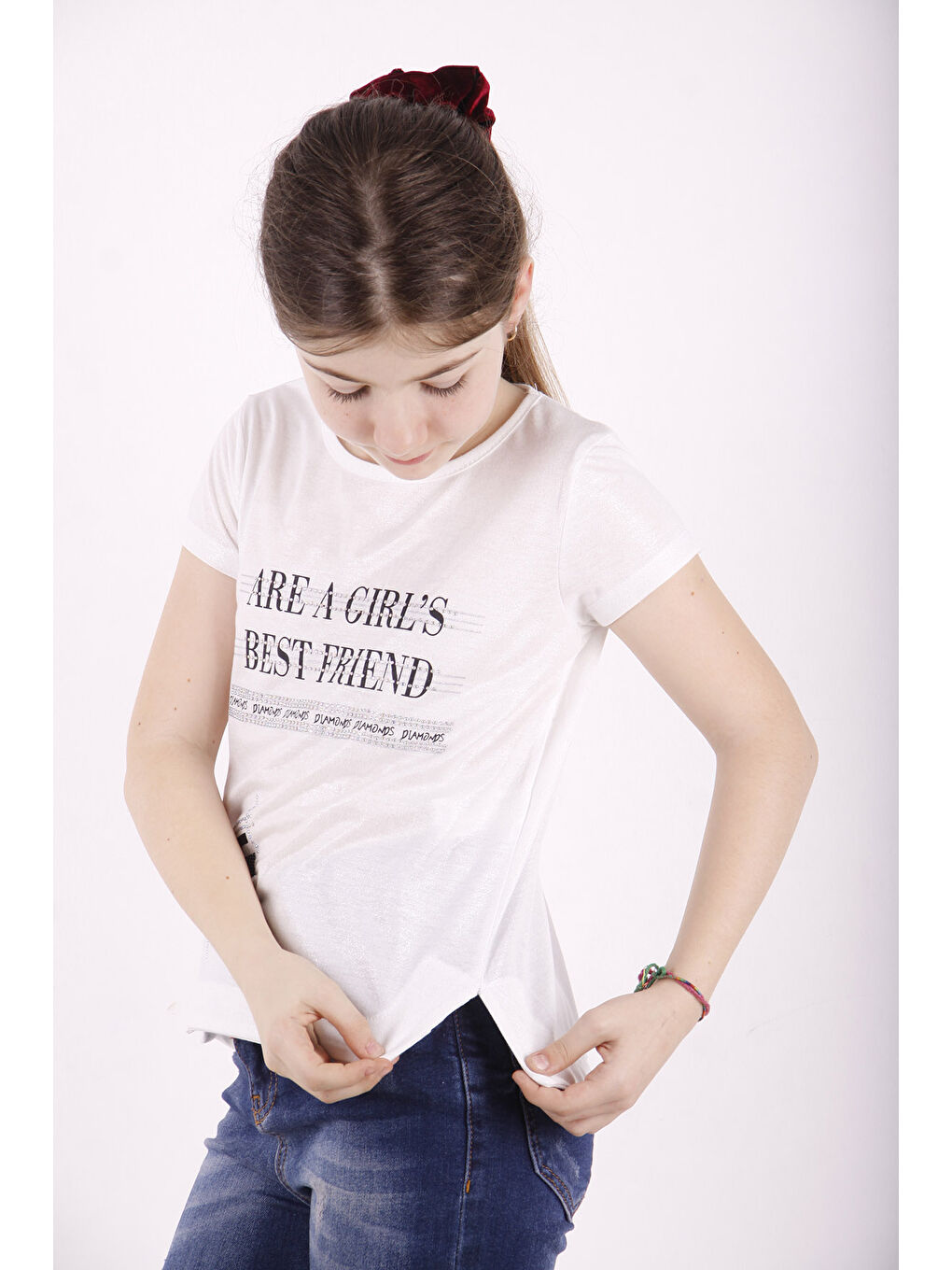 Beyaz Kız Çocuk Best Friend Baskılı Taş Detaylı Tişört-1
