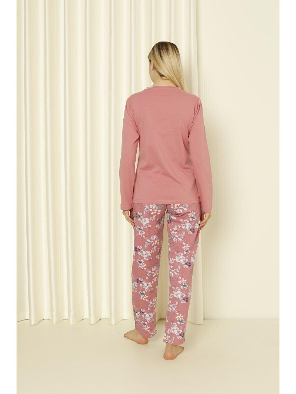 Pembe Kadın Pijama Takımı Uzun Kol Süprem Pamuklu Mevsimlik-4