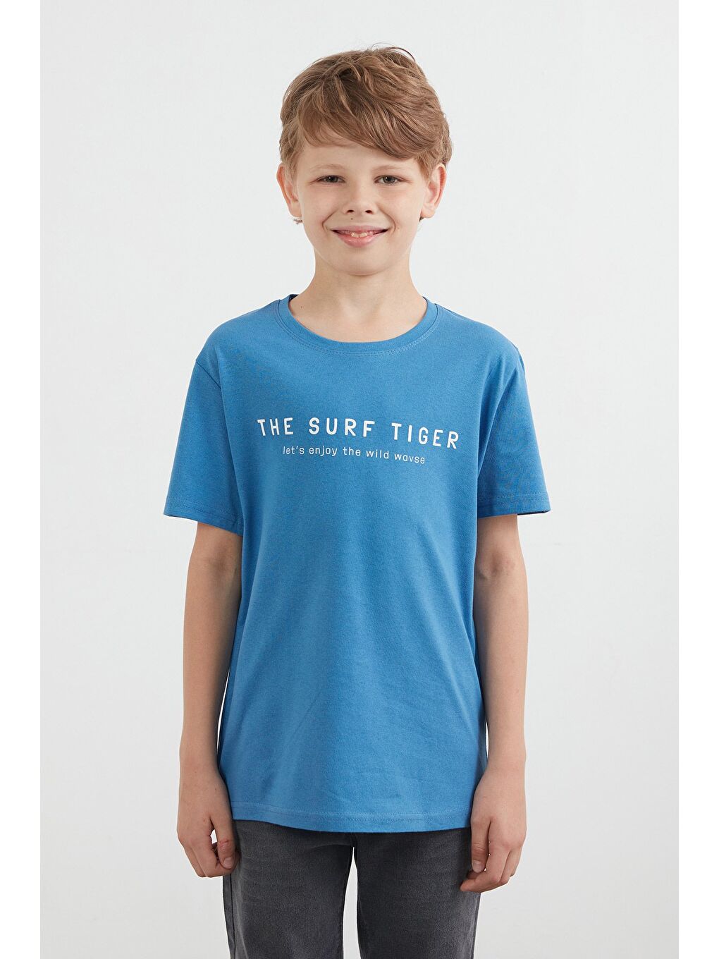 Mavi %100 Pamuk The Surf Tiger Baskılı Erkek Çocuk Tişört