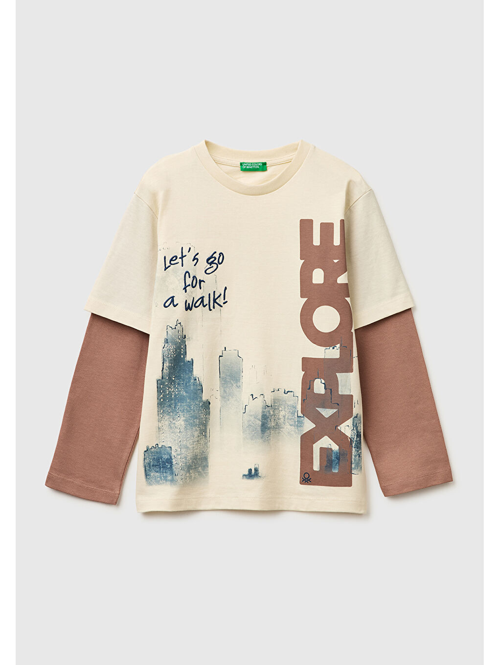 Ekru Erkek Çocuk Krem Çift Kollu Baskılı Bisiklet Yaka T-Shirt