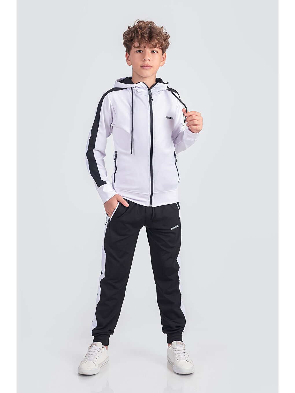 Beyaz Kapüşonlu Dalkgıç Kumaş Eşofman Takımı Potential ESF2574-1