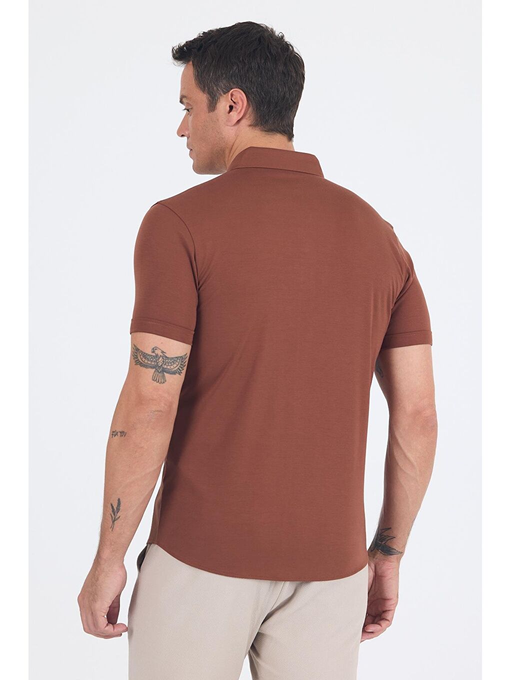 Kahverengi Kiremit İtalyan Düğmeli Yaka Kısa Kol Cepsiz Slim Fit Büyük Beden Gömlek 1004250255-4