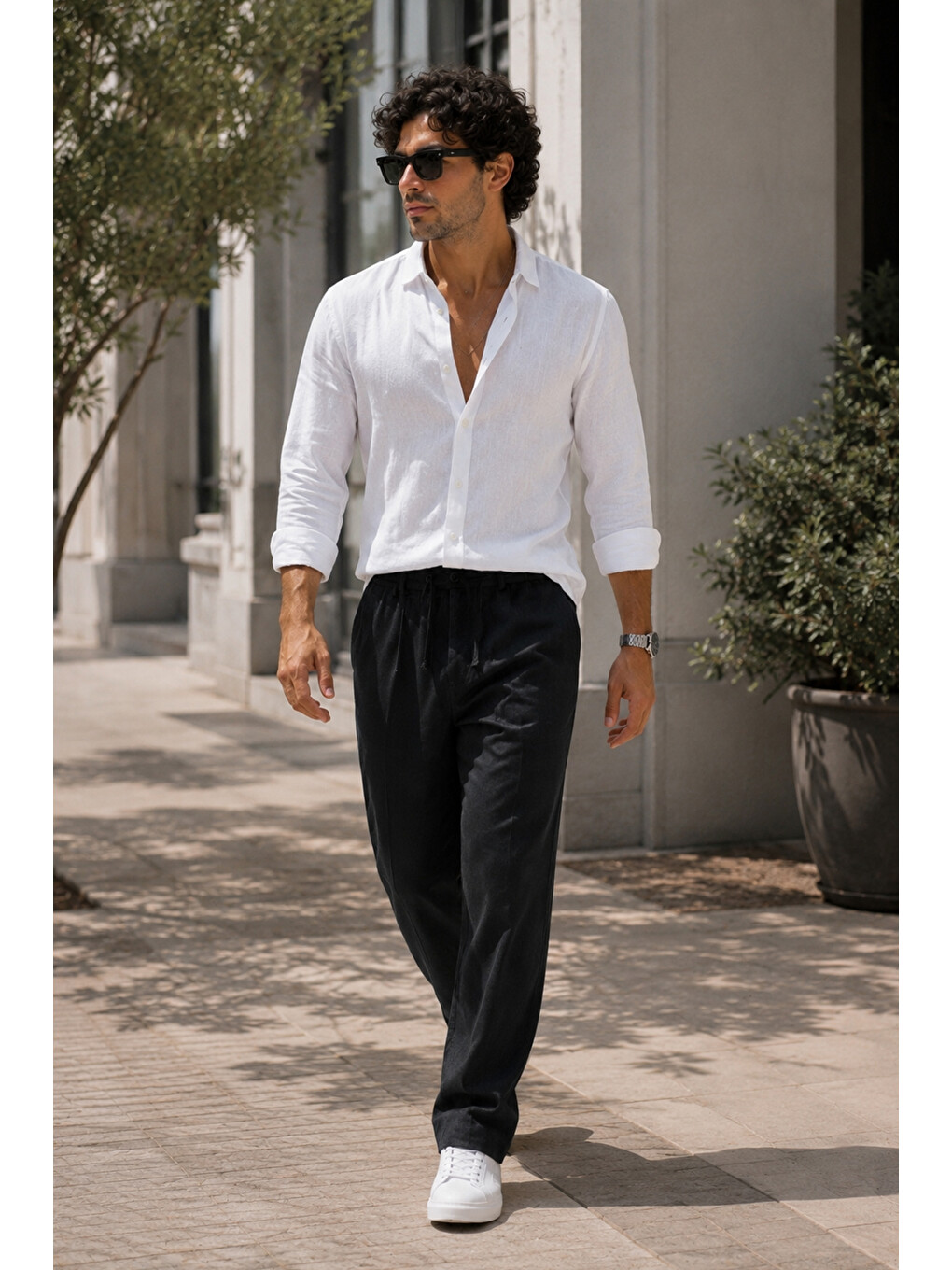 Erkek Siyah Relax Fit Bağcıklı Baggy Pantolon-1