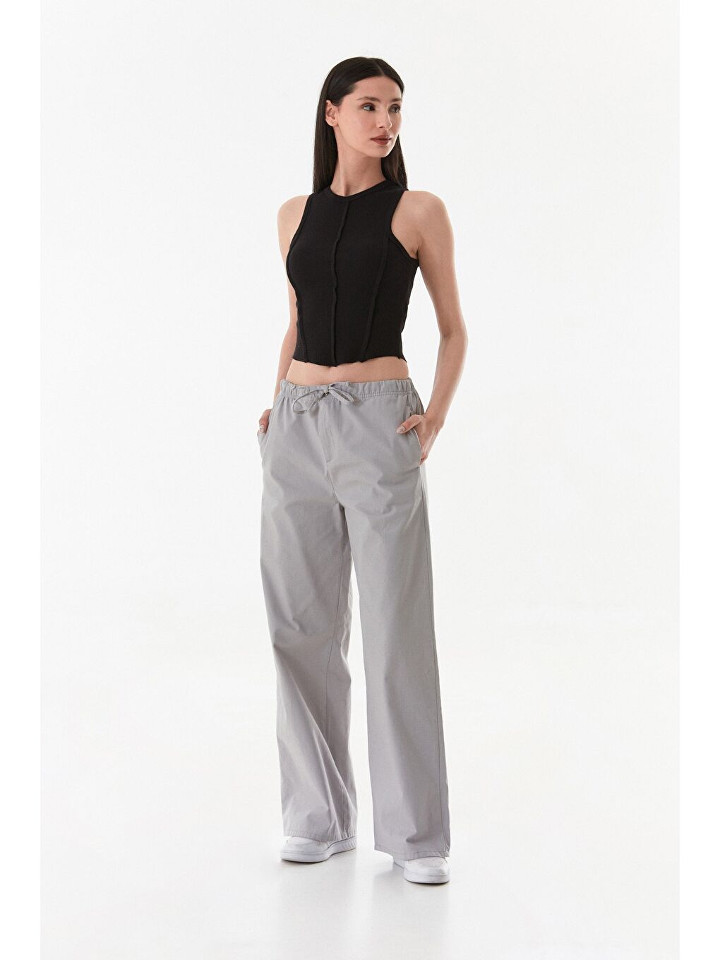 Gri Beli Lastikli Cepli Gabardin Palazzo Pantolon-2