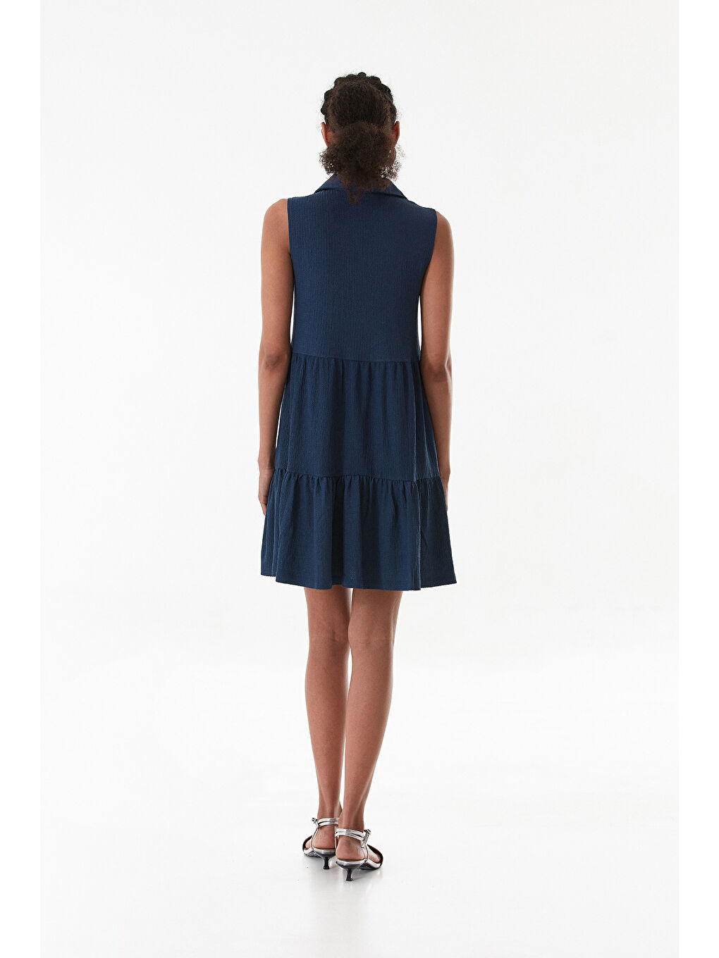 Lacivert Bürümcük Kumaş Polo Yaka Yarım Düğmeli Elbise-3