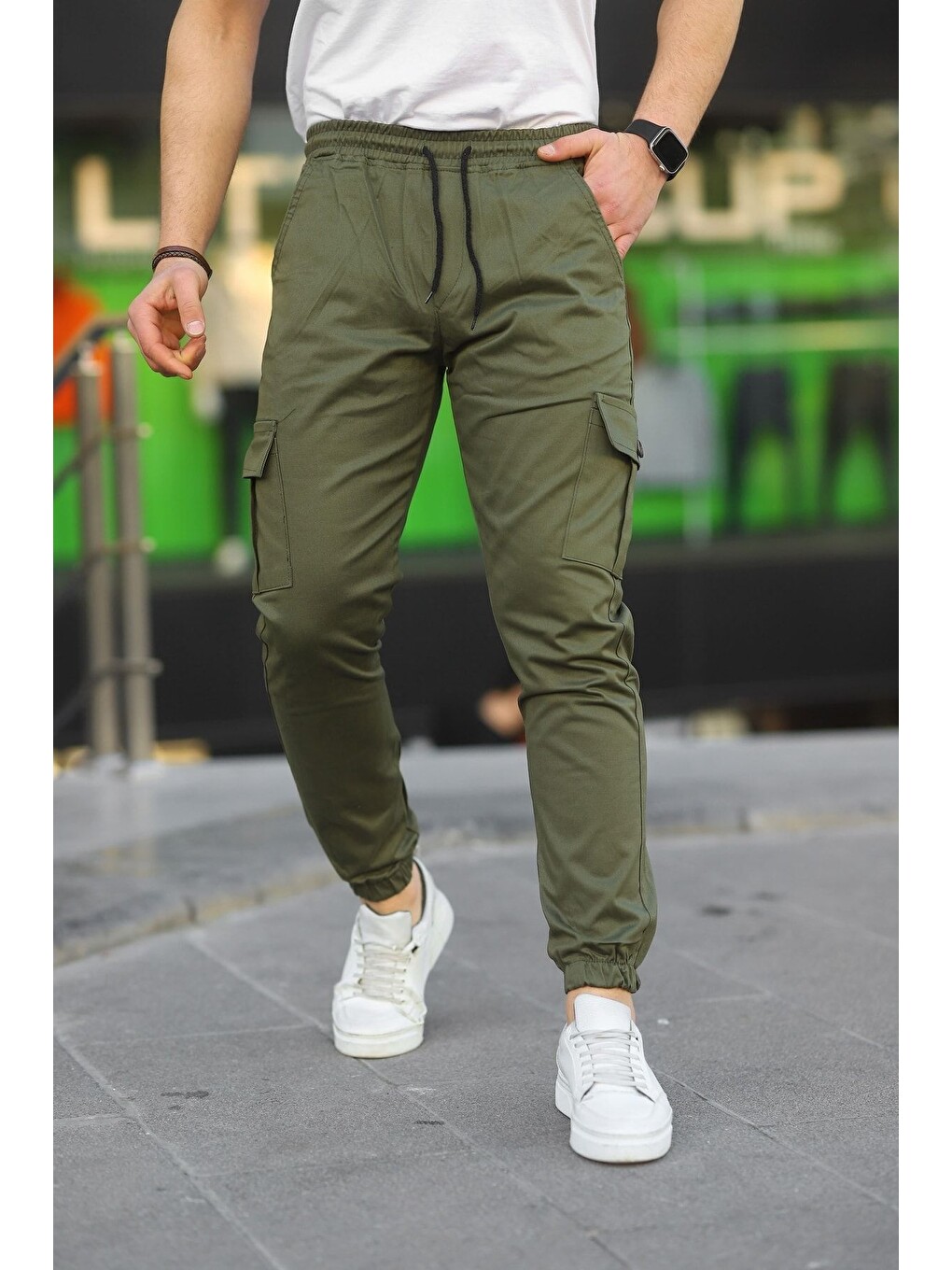 Haki Erkek Slim Fit Beli Ve Paçası Lastikli Kargo Cep Pantolon