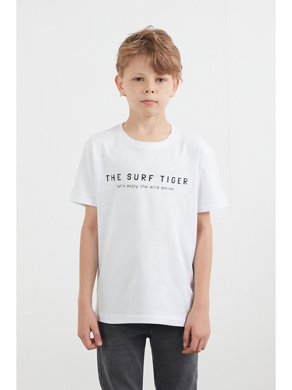 Beyaz %100 Pamuk The Surf Tiger Baskılı Erkek Çocuk Tişört