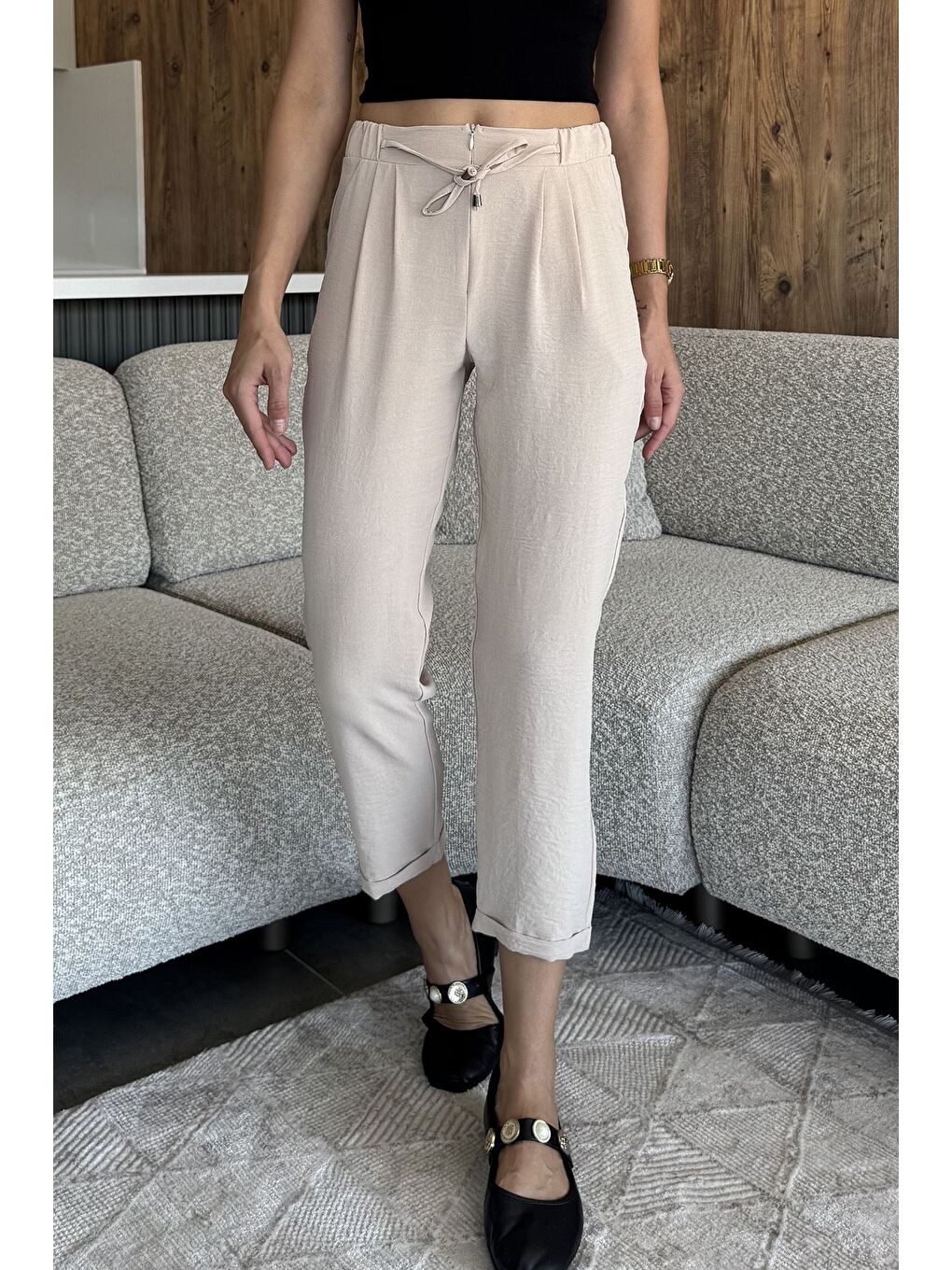 Bej Bel Lastikli Bağcıklı Pantolon