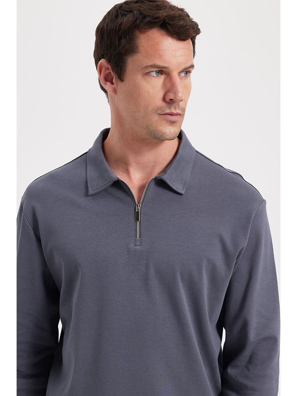 Erkek Relax Fit Rahat Kesim %100 Pamuk Yarım Fermuarlı Polo Yaka İnterlok Antrasit Sweatshirt-1