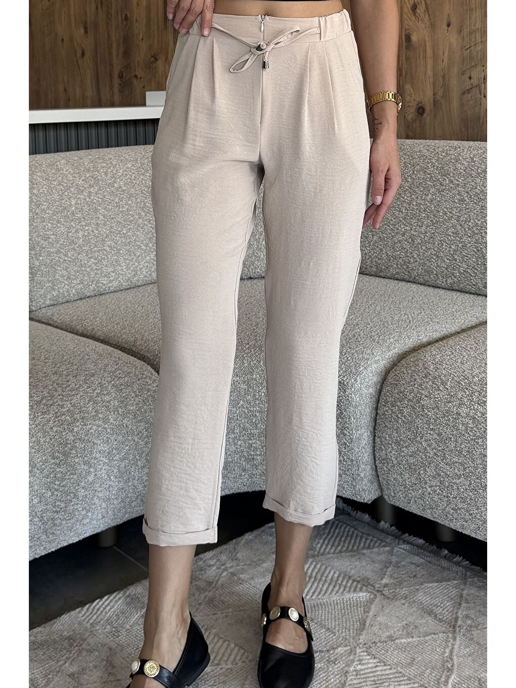 Bej Bel Lastikli Bağcıklı Pantolon-1