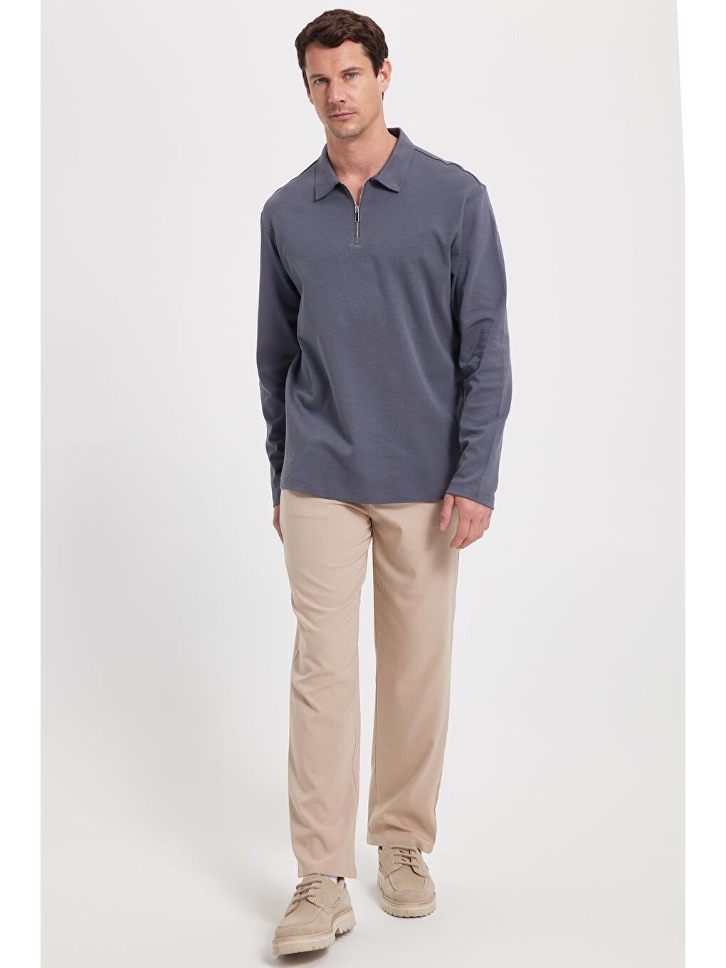 Erkek Relax Fit Rahat Kesim %100 Pamuk Yarım Fermuarlı Polo Yaka İnterlok Antrasit Sweatshirt-2