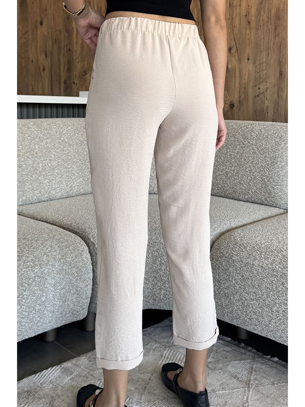 Bej Bel Lastikli Bağcıklı Pantolon-2