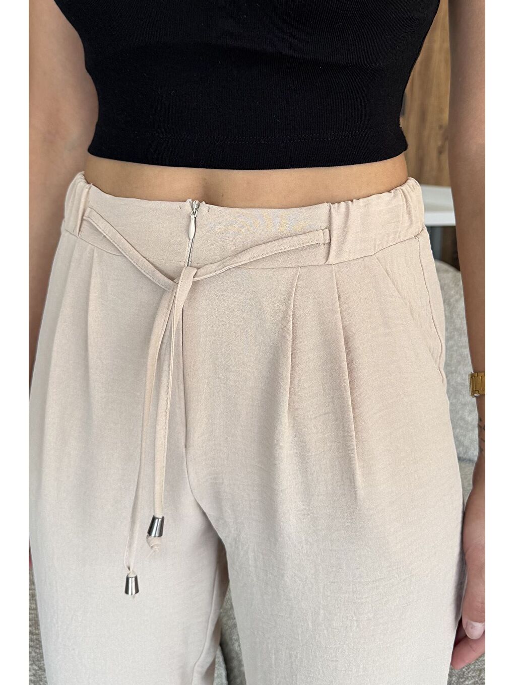 Bej Bel Lastikli Bağcıklı Pantolon-3