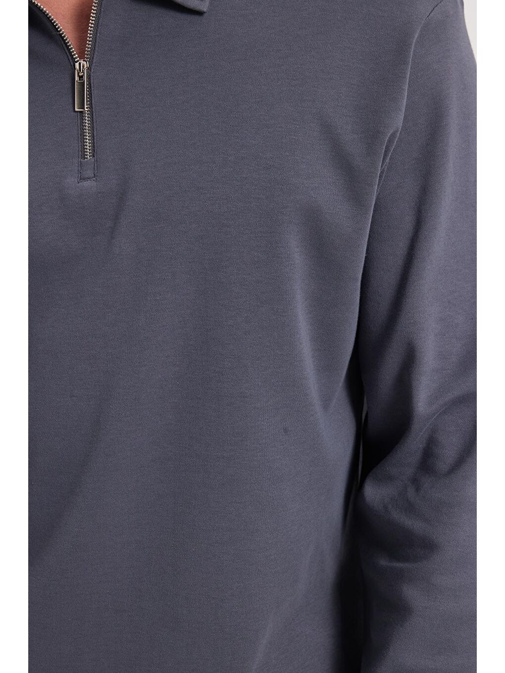 Erkek Relax Fit Rahat Kesim %100 Pamuk Yarım Fermuarlı Polo Yaka İnterlok Antrasit Sweatshirt-3