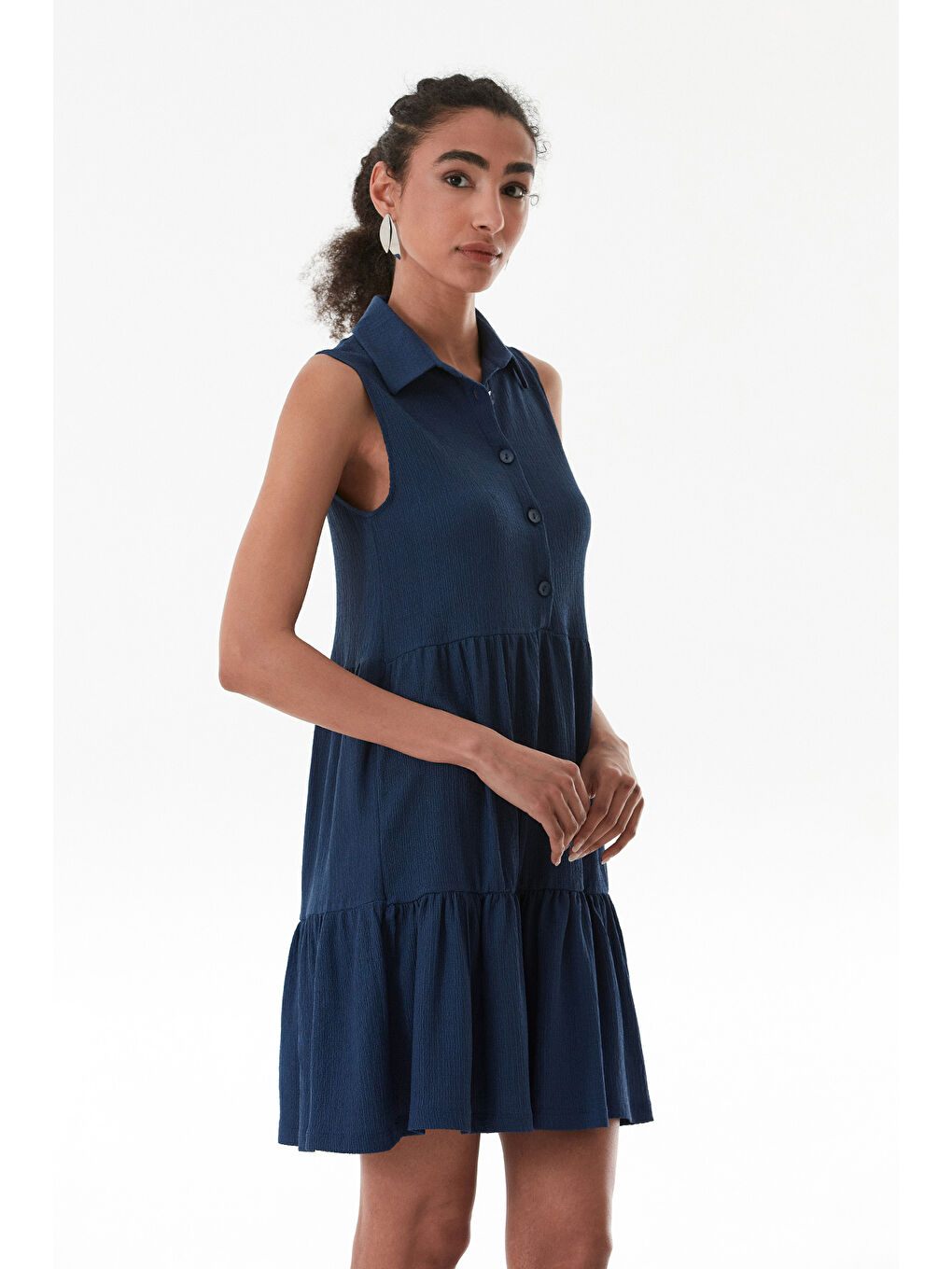 Lacivert Bürümcük Kumaş Polo Yaka Yarım Düğmeli Elbise-4