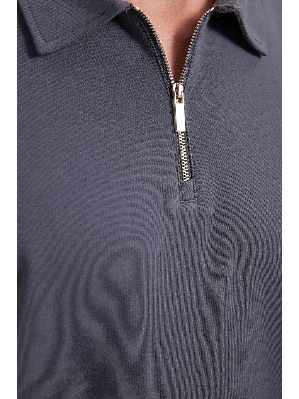 Erkek Relax Fit Rahat Kesim %100 Pamuk Yarım Fermuarlı Polo Yaka İnterlok Antrasit Sweatshirt-4