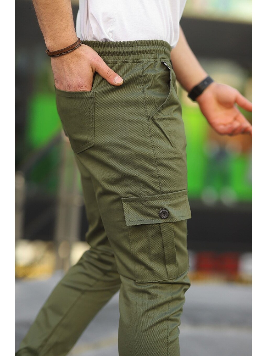 Haki Erkek Slim Fit Beli Ve Paçası Lastikli Kargo Cep Pantolon-1
