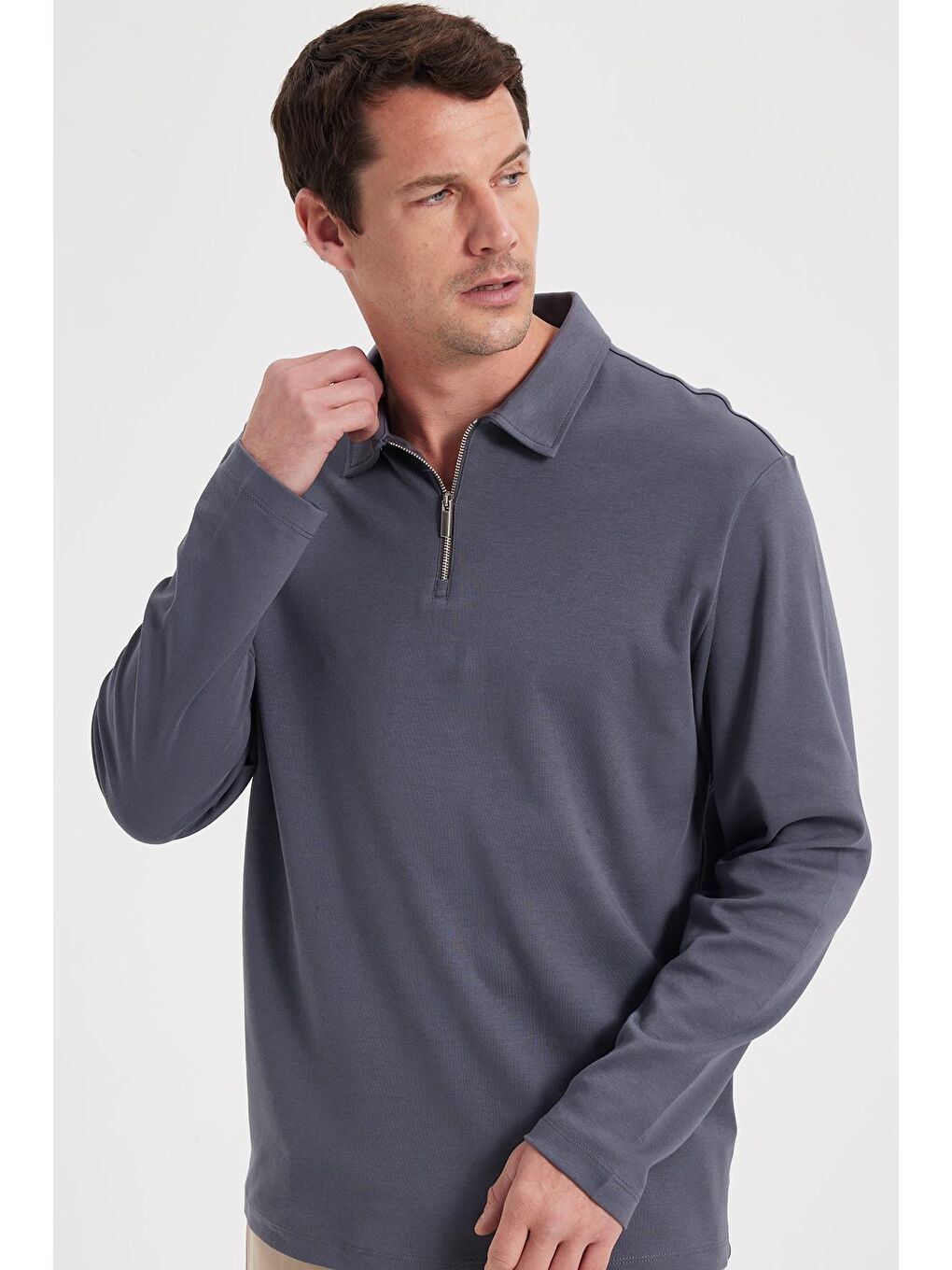 Erkek Relax Fit Rahat Kesim %100 Pamuk Yarım Fermuarlı Polo Yaka İnterlok Antrasit Sweatshirt-6