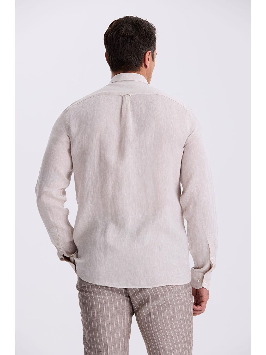 Bej %100 Keten Düğmeli Yaka Comfort Fit Gömlek-3
