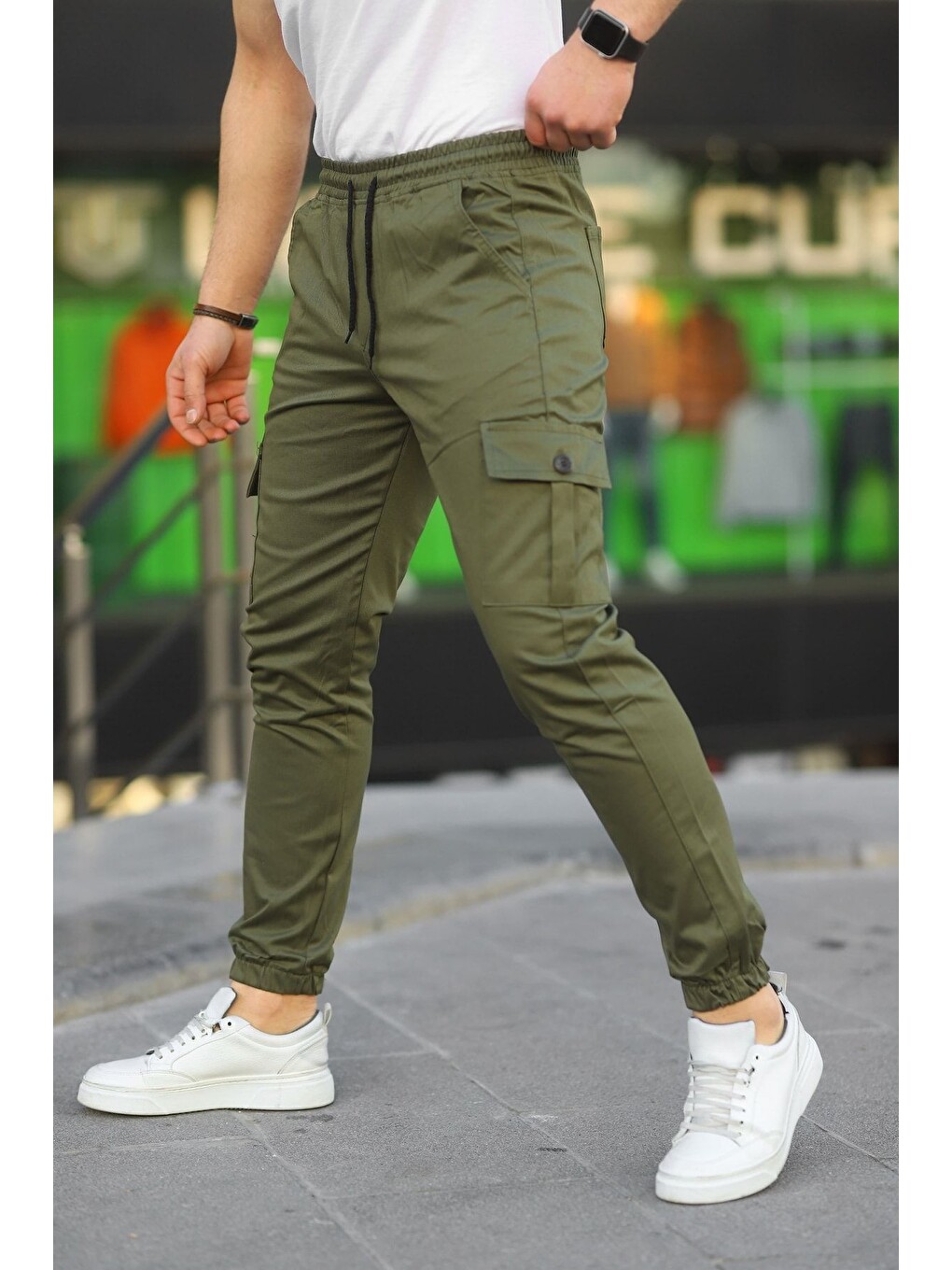 Haki Erkek Slim Fit Beli Ve Paçası Lastikli Kargo Cep Pantolon-2