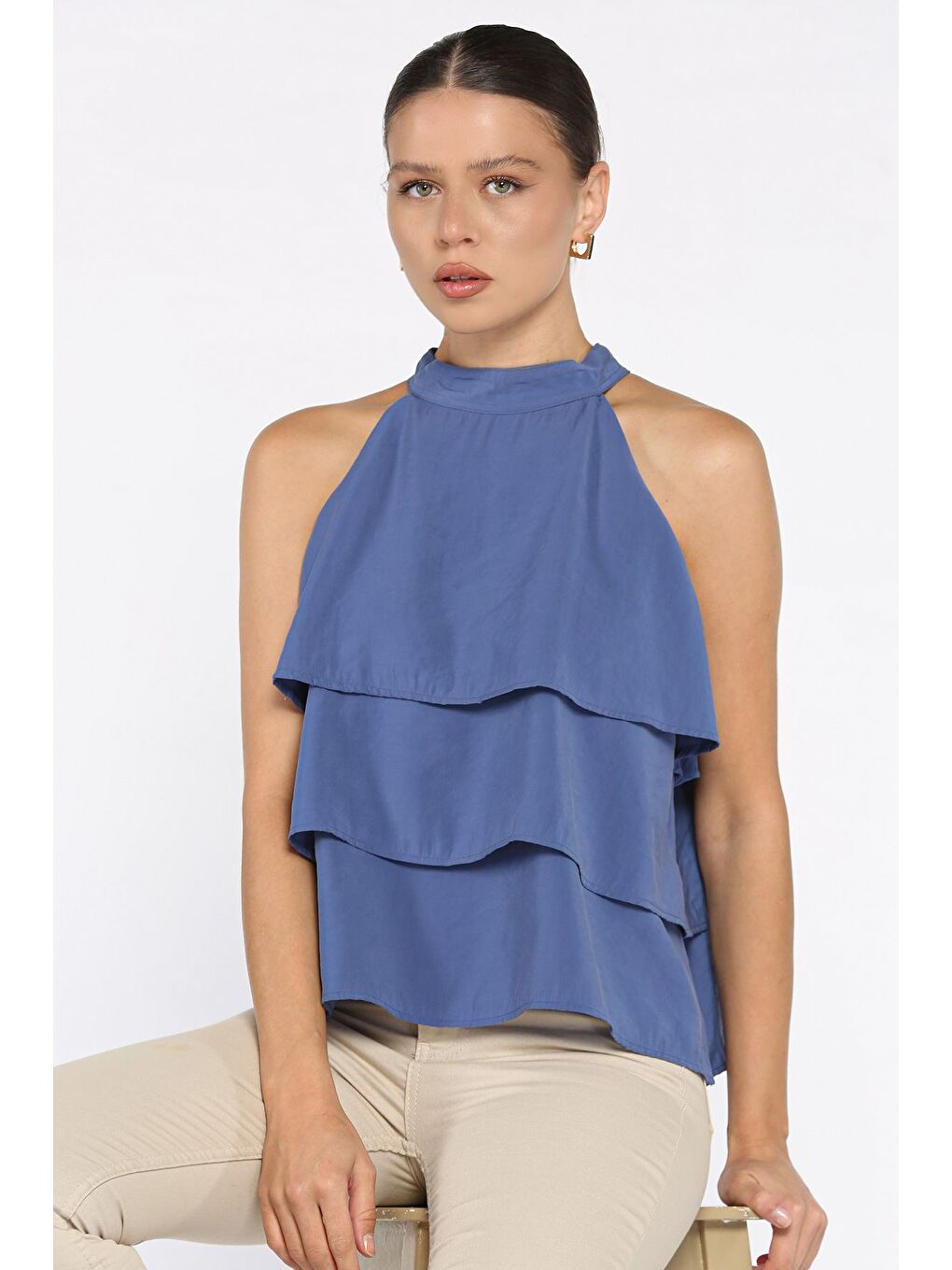 İndigo Sıfır Kol Kat Kat Kadın Bluz